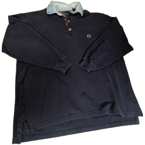 Siegfried Other - Vintage Siegfried Rugby Shirt Navy Blue Denim Collar Plaid Trim 90s Large XL